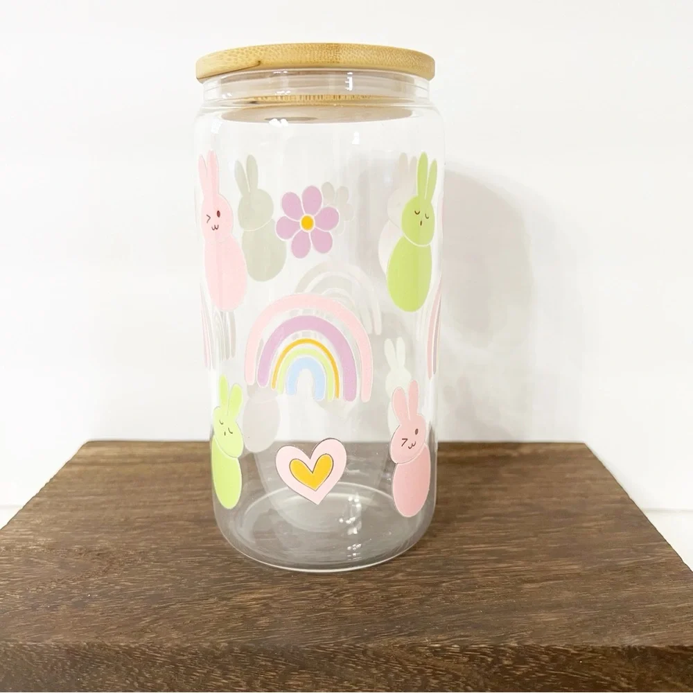Bunny and Rainbow Libbey Glass Can with Bamboo Lid and Straw
